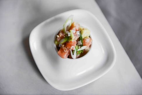 Raw Norwegian Salmon Belly and Avocado Tossed in Garlic Ginger Dressing