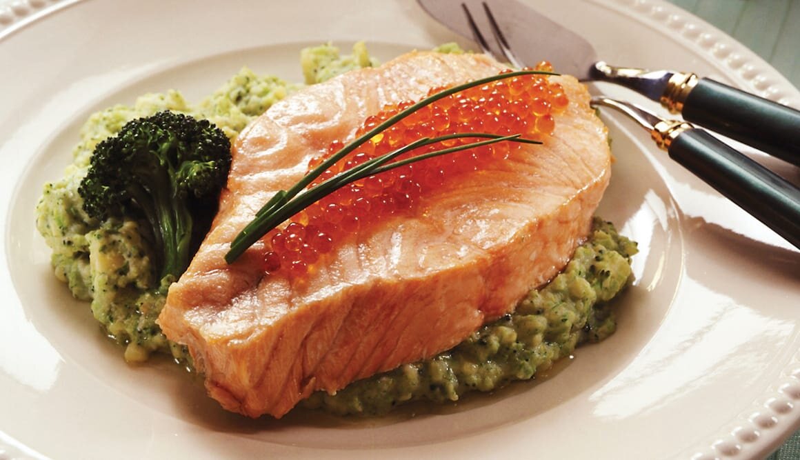Butterflied Norwegian Salmon with Potato-Broccoli Puree