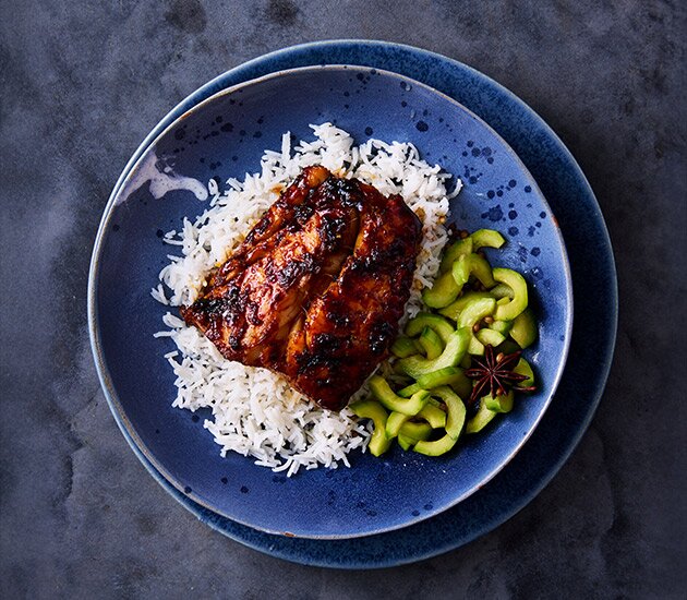Sticky soy and ginger Norwegian cod with steamed rice and pickled cucumber
