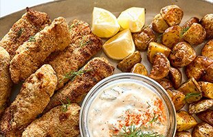 Air-Fried Cod Fish Sticks with Crisp Potatoes and Yogurt Dill Dip