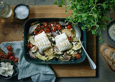 Norwegian cod with Greek flavors