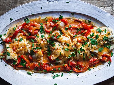 One-Pan Buttery Norwegian Cod with Tomatoes & Peppers