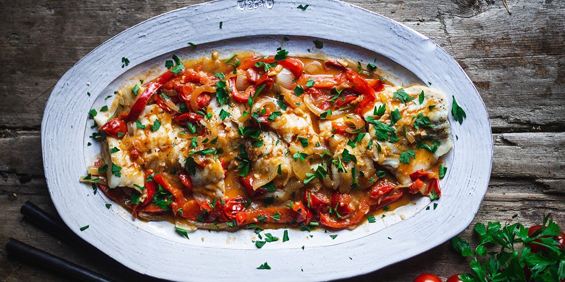 One-Pan Buttery Norwegian Cod with Tomatoes & Peppers