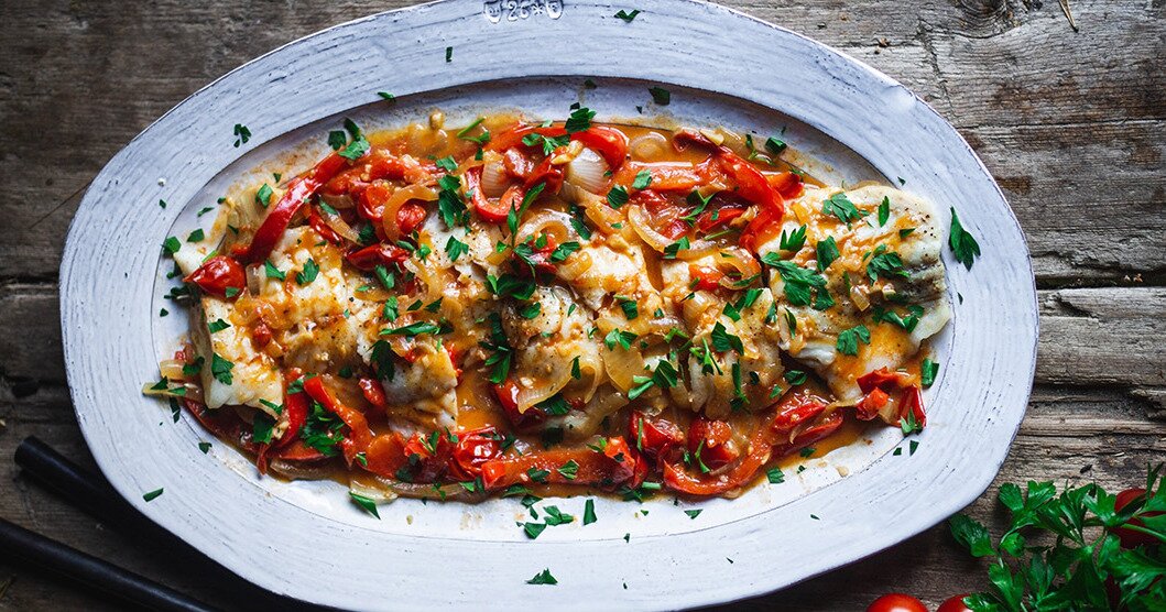 Recipe | One-Pan Buttery Norwegian Cod with Tomatoes & Peppers ...