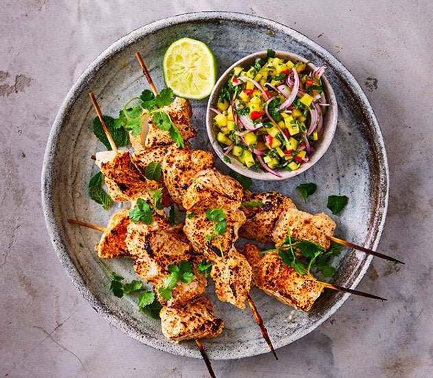 Tandoori Norwegian cod skewers with fresh mango relish and roti