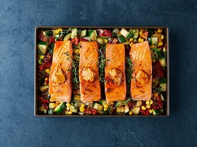 Norwegian Steelhead Trout with Harissa Butter and Pattypan Squash Hash
