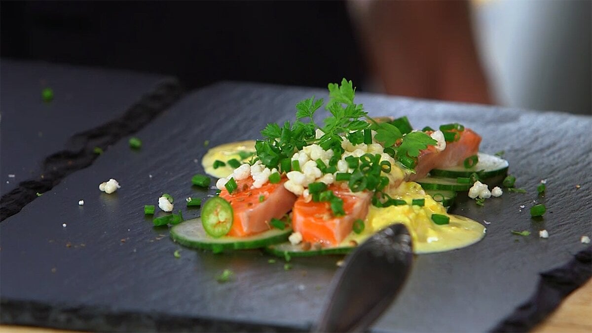 Norwegian Steelhead Trout Sashimi on Lime Cucumber Salad, Crispy Rice and Crème Fraîche Egg Sauce