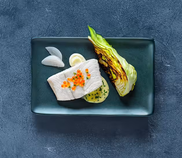 Steamed Halibut with grilled spring cabbage