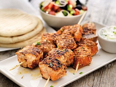 Norwegian Salmon Skewers with Greek Salad