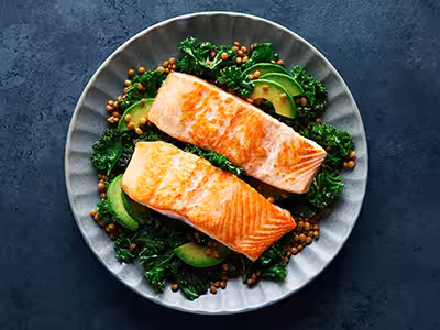 Seared Norwegian salmon with kale and lentils