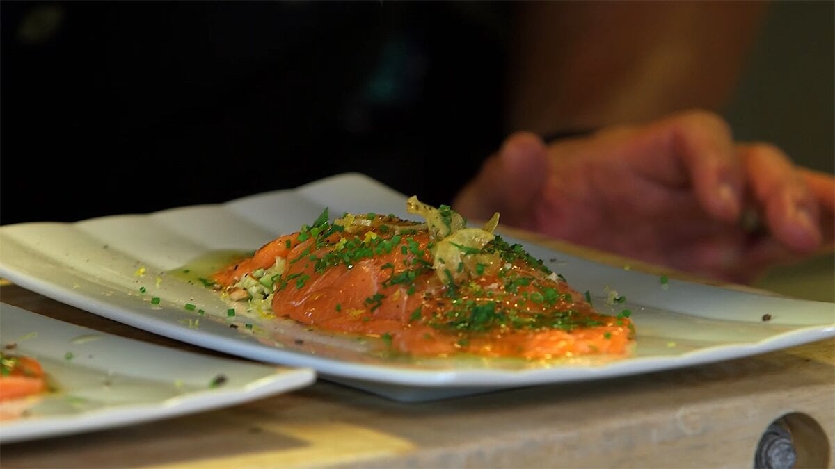 Norwegian Salmon Paillard Cru on a Cauliflower-Apple “Rice” with Garlic Olive Oil