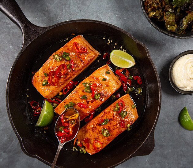 Hot Honey Glazed Norwegian Salmon, Charred Brussels Sprouts Citrus Aioli 