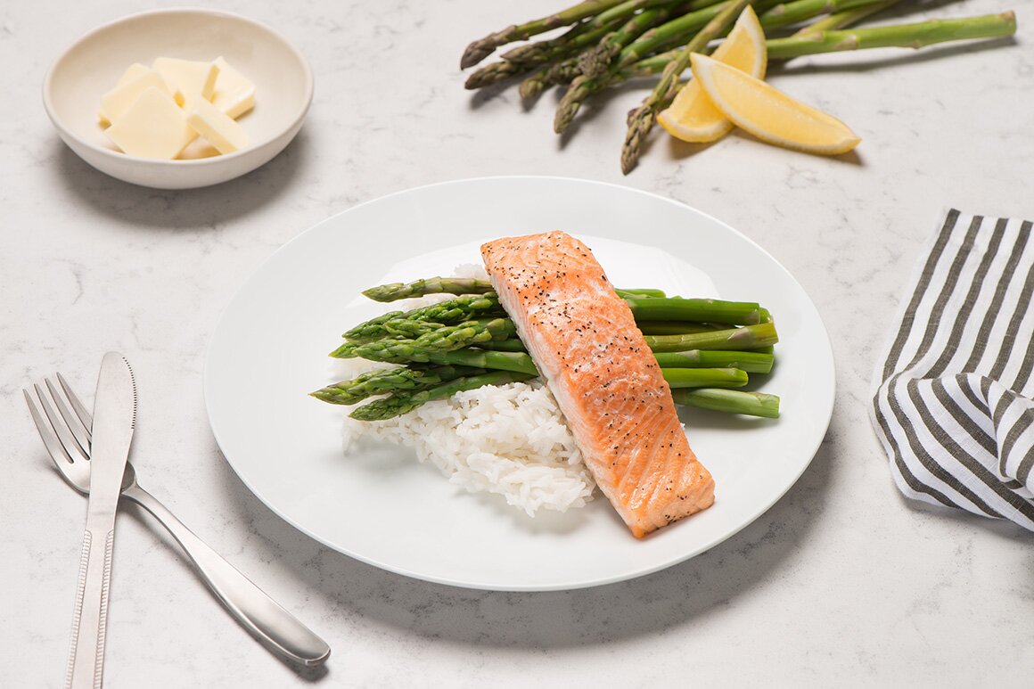 Roasted Norwegian Salmon with Rice Pilaf and Steamed Asparagus
