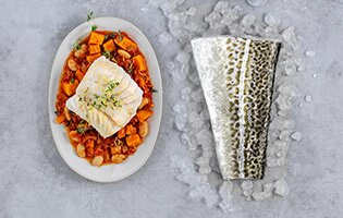 Cod sautéed with beans, sweet potato and thyme