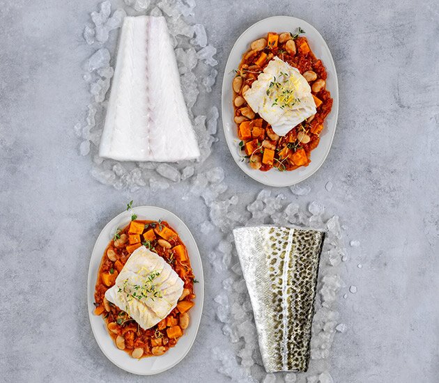 Cod sautéed with beans, sweet potato and thyme 