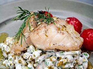 Quick-Cured Grilled Cod and Tomatoes with Herb Butter and Creamy Green Bean and Pea Salad