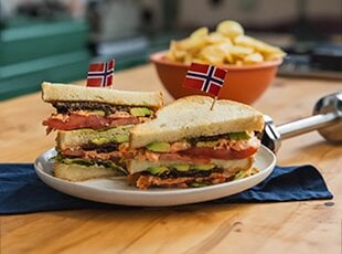 Norwegian Salmon Club Sandwich with Crispy Salmon Skin "Bacon"