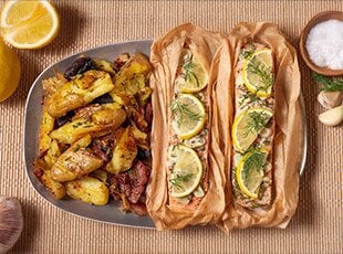 Norwegian Salmon en Papillote with Smashed Fingerlings