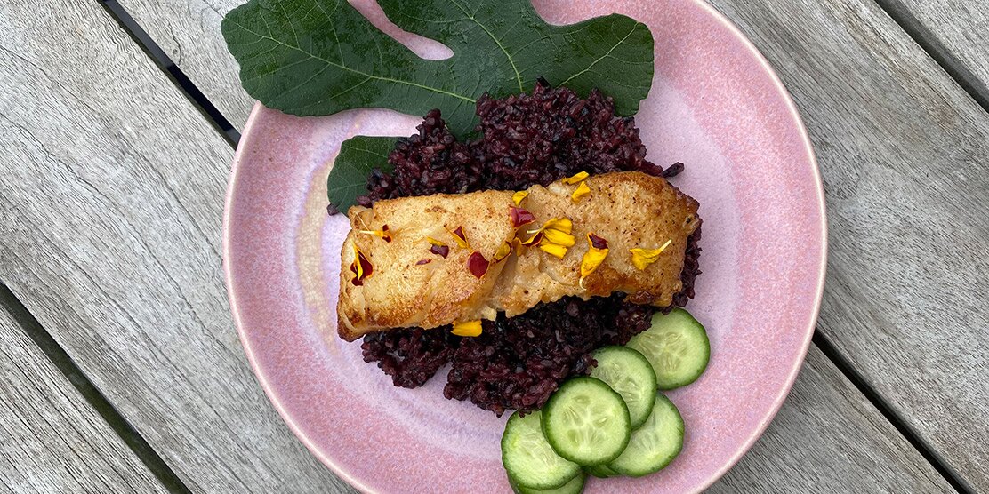 Miso Maple Norwegian Cod with Fig Leaf Rice and Cucumbers