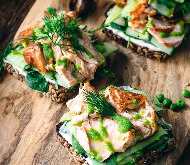 Open-faced Salmon Sandwich with Dill Mayo & Pea Pesto
