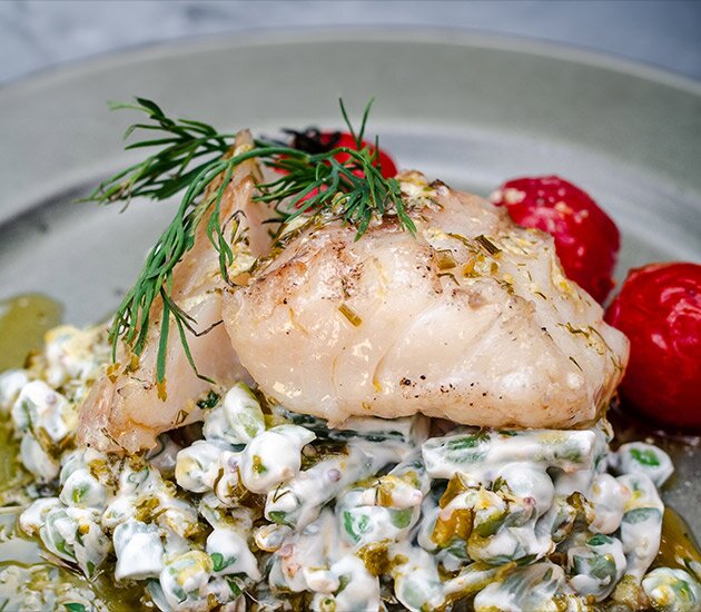 Quick-Cured Grilled Cod and Tomatoes with Herb Butter and Creamy Green Bean and Pea Salad
