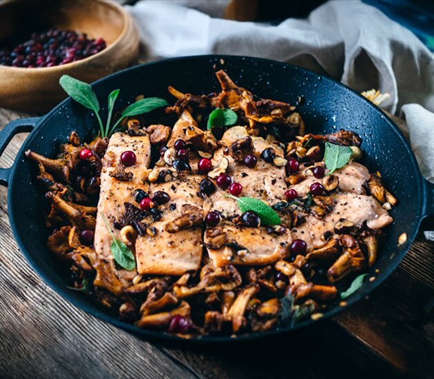 Salmon with Brown Butter Chanterelles, Hazelnuts & Sage 