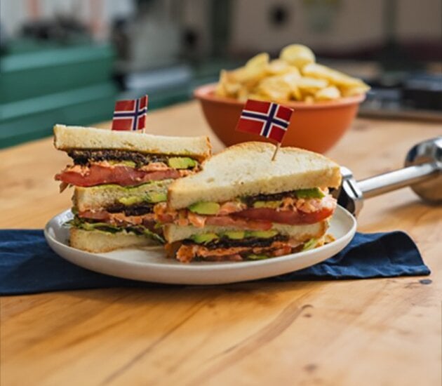 Norwegian Salmon Club Sandwich with Crispy Salmon Skin "Bacon"