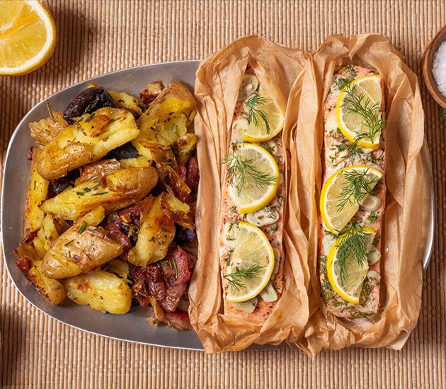 Norwegian Salmon en Papillote with Smashed Fingerlings