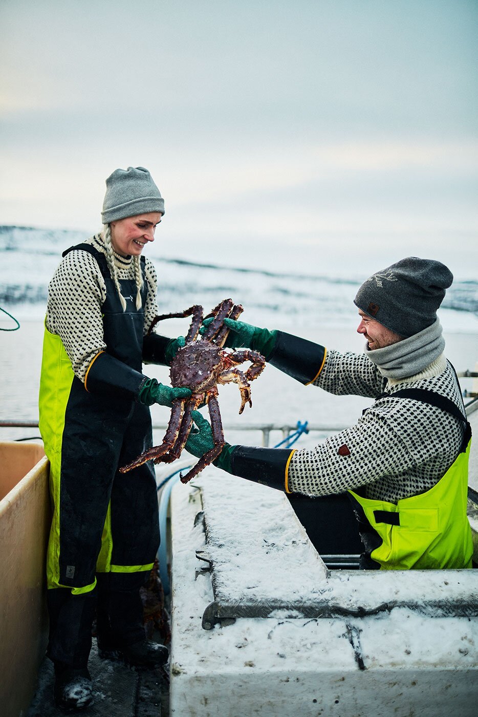 Fishermen handling red king crab