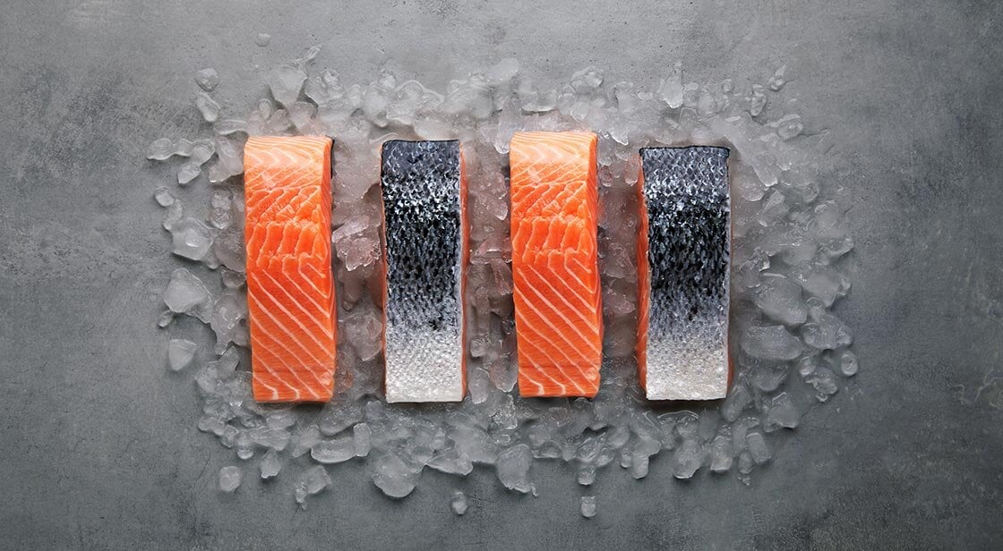 Salmon filets with skin on ice
